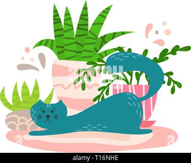 Cute playful cat with house plants in cartoon flat style. Hand drawn illustration Stock Vector