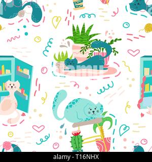 Cute seamless pattern with house plants, cats and doodles. Flowers in a pots. Hygge home. Vector background design. Stock Vector
