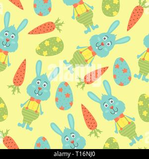 Cartoon vector seamless pattern with Easter eggs and bunnies. Bright background design. Stock Vector