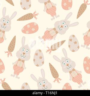 Cartoon vector seamless pattern with Easter eggs and bunnies. Bright background design. Stock Vector