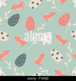 Cartoon vector seamless pattern with Easter eggs and birds. Bright background design. Stock Vector