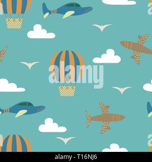 Cartoon vector seamless pattern with planes and air balloon. Bright background design. Stock Vector
