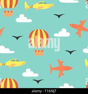 Cartoon vector seamless pattern with planes and air balloon. Bright background design. Stock Vector