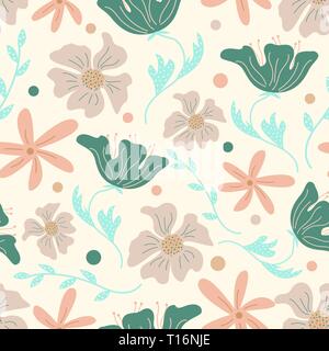 Trendy floral seamless pattern with doodle flowers. Vector background design. Stock Vector