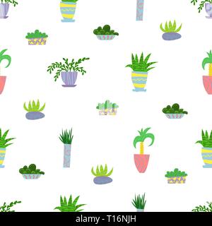 Cute seamless pattern with house plants. Flowers in a pots. Hygge home. Vector background design. Stock Vector