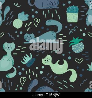 Cute seamless pattern with house plants, cats and doodles. Flowers in a pots. Hygge home. Vector background design. Stock Vector