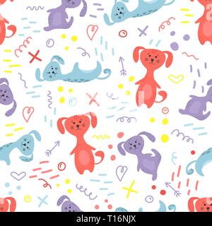 Cute seamless pattern with dogs and doodles. Flowers in a pots. Hygge home. Vector background design. Stock Vector