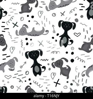 Cute seamless pattern with dogs and doodles. Flowers in a pots. Hygge home. Vector background design. Stock Vector