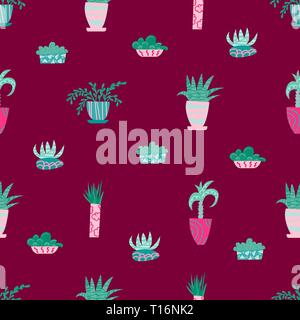 Cute seamless pattern with house plants. Flowers in a pots. Hygge home. Vector background design. Stock Vector