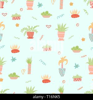 Cute seamless pattern with house plants. Flowers in a pots. Hygge home. Vector background design. Stock Vector