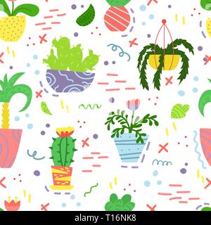 Cute seamless pattern with house plants and doodles. Flowers in a pots. Hygge home. Vector background design. Stock Vector