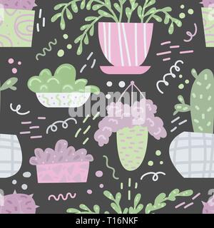 Cute seamless pattern with house plants and doodles. Flowers in a pots. Hygge home. Vector background design. Stock Vector
