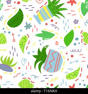 Cute seamless pattern with house plants and doodles. Flowers in a pots. Hygge home. Vector background design. Stock Vector
