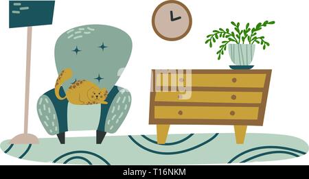 Fancy interior with home plants in pots. Lounge. Isolated vector image. Pet Stock Vector