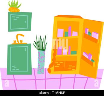 Fancy interior with home plants in pots. Kitchen. Isolated vector image. Stock Vector