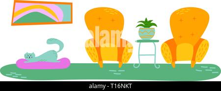 Fancy interior with home plants in pots. Lounge. Isolated vector image. Pet. Stock Vector