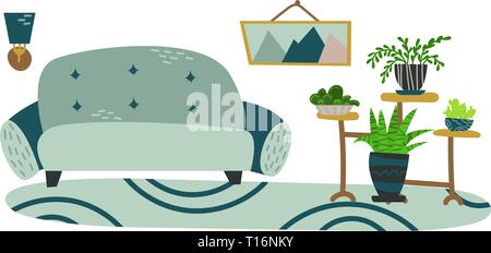 Fancy interior with home plants in pots. Living room. Isolated vector image. Stock Vector