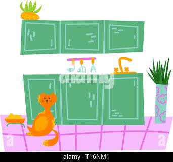 Fancy interior with home plants in pots. Kitchen. Isolated vector image. Pet Stock Vector