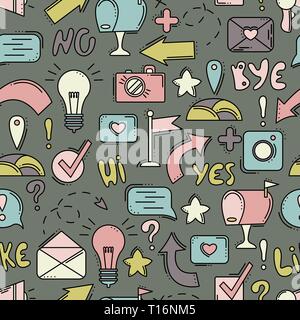 Vector seamless pattern with line icons. Social networks, internet, modern technologies. Buttons and pointers. Stock Vector