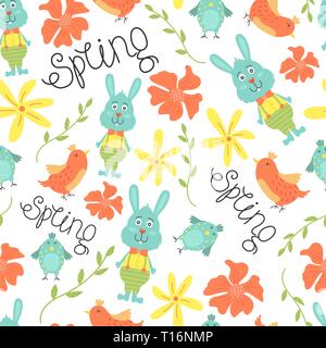 Cute seamless pattern with flowers, birds, and bunnies. Vector spring background. Stock Vector