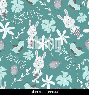 Cute seamless pattern with flowers, birds, and bunnies. Vector spring background. Stock Vector