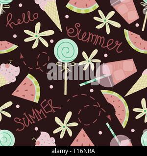 Cartoon seamless pattern. Vector summer background. Watermelon smoothie. Stock Vector