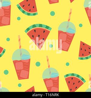 Cartoon seamless pattern. Vector summer background. Watermelon smoothies. Stock Vector