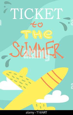 Summer postcard with cute plane. Vector cartoon illustration. Vacations. Stock Vector