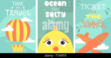 Set of summer postcard with cute fish, plane and air baloons. Vector cartoon illustration. Travelling Stock Vector