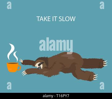 The story of one sloth. Morning cofee. Funny cartoon sloths in different postures set. Vector illustration Stock Vector