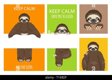 Sloth greeting collection with place for text. Funny cartoon animals in different postures set. Vector illustration Stock Vector