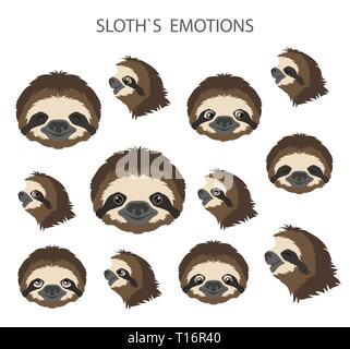 Sloth face emotions collection. Funny cartoon animals. Vector illustration Stock Vector