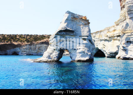 Scenic Kleftiko rock formations and nearby sea caves. Milos island, Cyclades, Greece. Stock Photo