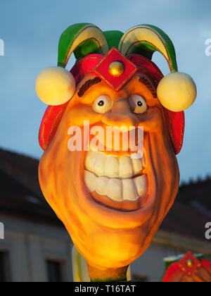 Aalst, Belgium - February 27 2017: The head of a court jester during the carnival parade in Aalst. Stock Photo