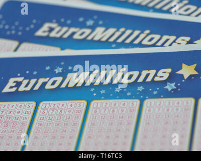 Hoeilaart, Belgium - June 5, 2018: A close up high resolution image of a Euro Millions lottery ticket. Stock Photo