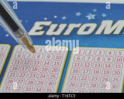 Hoeilaart, Belgium - June 5, 2018: A close up high resolution image of a Euro Millions lottery ticket. Stock Photo