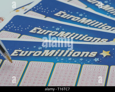 Hoeilaart, Belgium - June 5, 2018: A close up high resolution image of a Euro Millions lottery ticket. Stock Photo