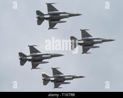 Kleine-Brogel, Belgium - September 8, 2018: Belgian f16s fly in formation during an airshow in Kleine-Brogel. Stock Photo