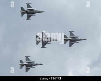 Kleine-Brogel, Belgium - September 8, 2018: Belgian f16s fly in formation during an airshow in Kleine-Brogel. Stock Photo