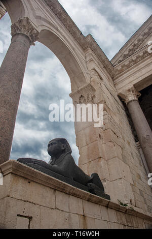 Croatia, Split - June 2018: Ancient Egyptian sphinx in the square of the Diocletian Palace in Split. The Sphinx was damaged during renovation works. Stock Photo