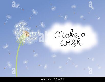 Make a wish card with dandelion fluff. Stock Vector