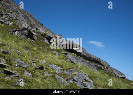 Skarsvåg peninsula is a lonesome and rocky outcrop just east of the touristic hotspot North Cape on Magerøya Island. Stock Photo