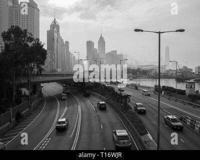 Central, Hong Kong - November 5, 2017: A monochromatic image of the Hong Kong skyline, viewed from Island Eastern Corridor. Stock Photo