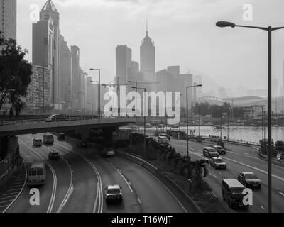 Central, Hong Kong - November 5, 2017: A monochromatic image of the Hong Kong skyline, viewed from Island Eastern Corridor. Stock Photo