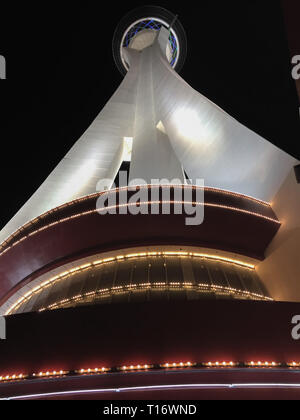 Las Vegas, USA - November 14 2015: A bottom up view of the Stratosphere Tower by night. Stock Photo