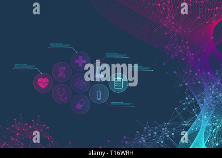 Big Genomic Data Visualization. DNA helix, DNA strand, DNA Test. Molecule or atom, neurons. Abstract structure for Science or medical background Stock Vector
