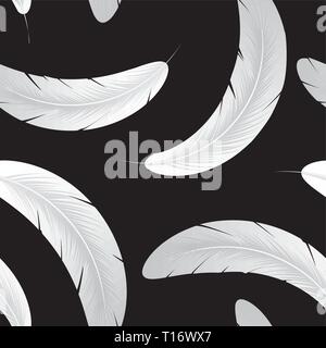 Seamless pattern with white feathers on black background, vector illustration Stock Vector