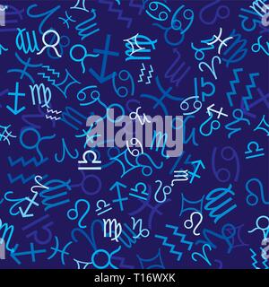 Blue seamless pattern with zodiac icons, vector illustration Stock Vector