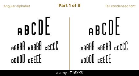 Condensed bold sans serif font, Angular. Vector black typefaces, Part 1 of 8. Set of tall uppercase alphabet with narrow letters, numbers and symbols. Stock Vector