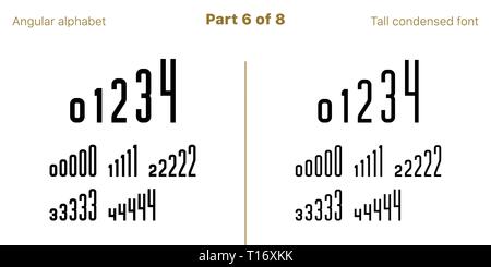 Condensed bold sans serif font, Angular. Vector black typefaces, Part 6 of 8. Set of tall uppercase alphabet with narrow letters, numbers and symbols. Stock Vector